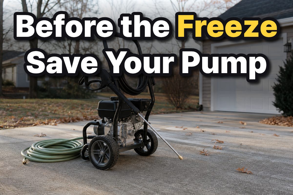 A pressure washer and its drained hoses arranged in a driveway for winter storage.