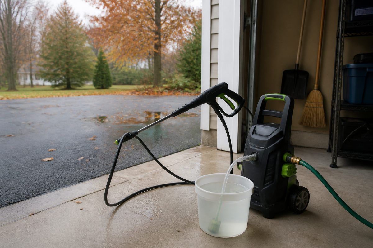 A pressure washer detergent tube placed in a bucket of clean water for a system flush.