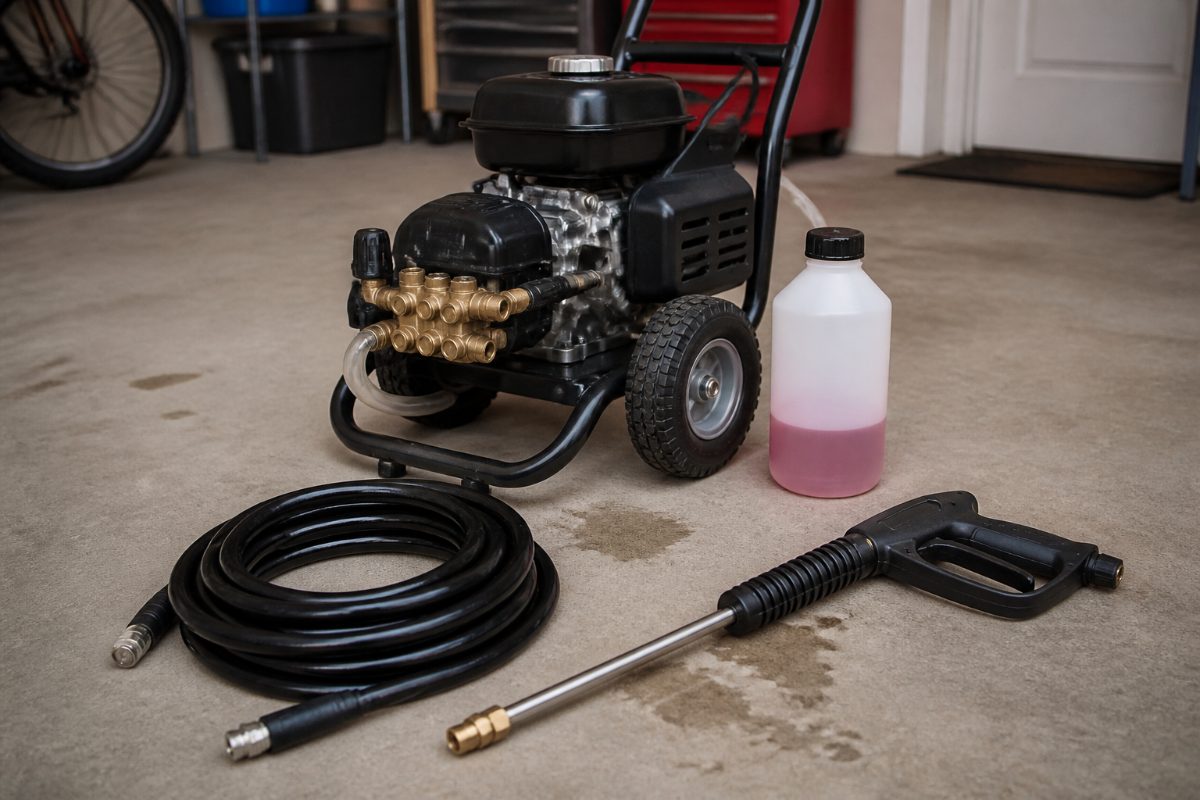 A pressure washer with its hose and spray gun disconnected beside a generic pump-protection product.