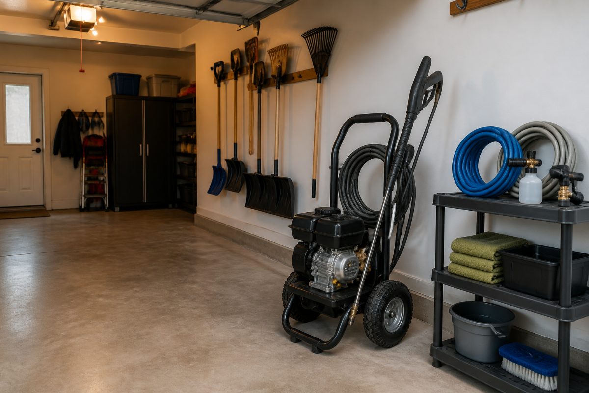 A pressure washer and its accessories stored neatly inside a residential garage.