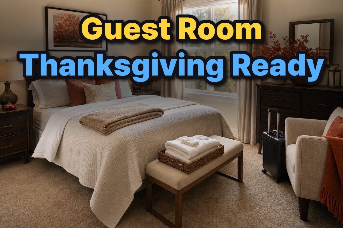 A tidy guest bedroom with a freshly made bed, folded blanket, clean towels, and clear space for luggage.