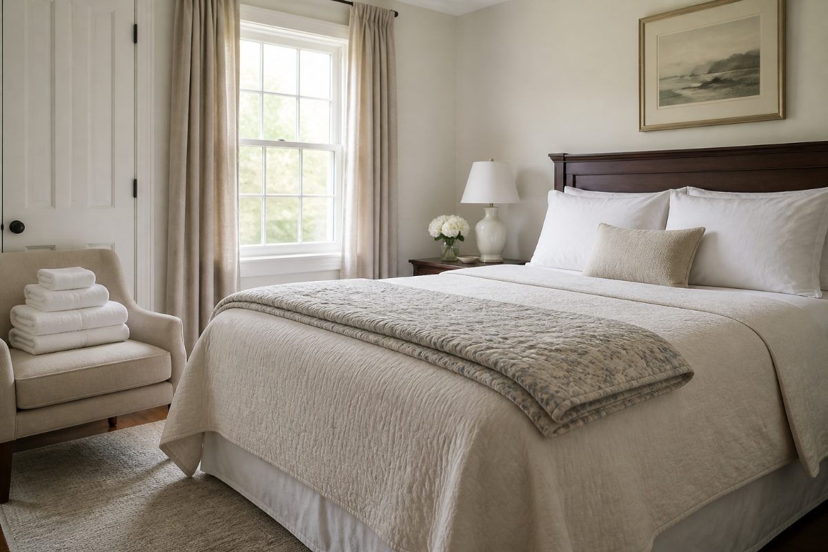 Fresh guest bedding and clean towels arranged neatly in a holiday guest room.
