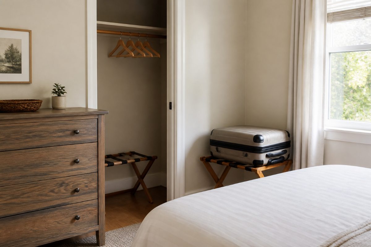 A guest room with available hangers, cleared dresser space, and a suitcase on a luggage rack.