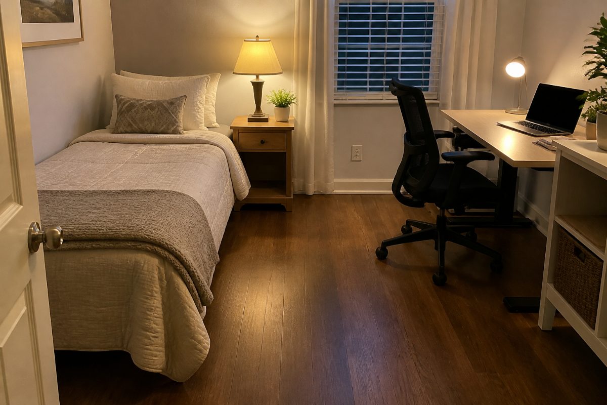 A flexible home office set up as a guest room with a clear walking path and reachable bedside lamp.