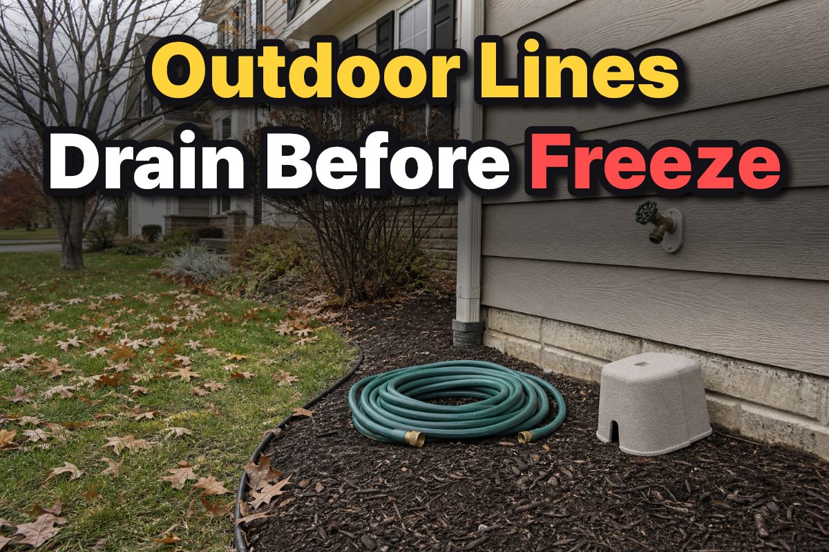 A disconnected garden hose and a foam cover beside an outdoor faucet on an American home.
