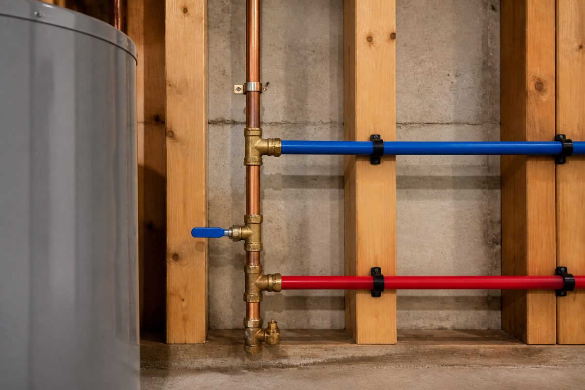 A branch shutoff valve and bleeder cap on plumbing in a home basement.