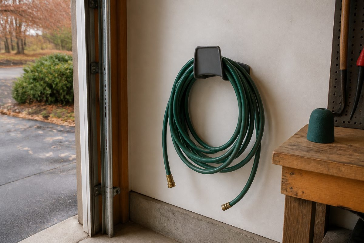 A drained garden hose stored on a hanger in a residential garage.