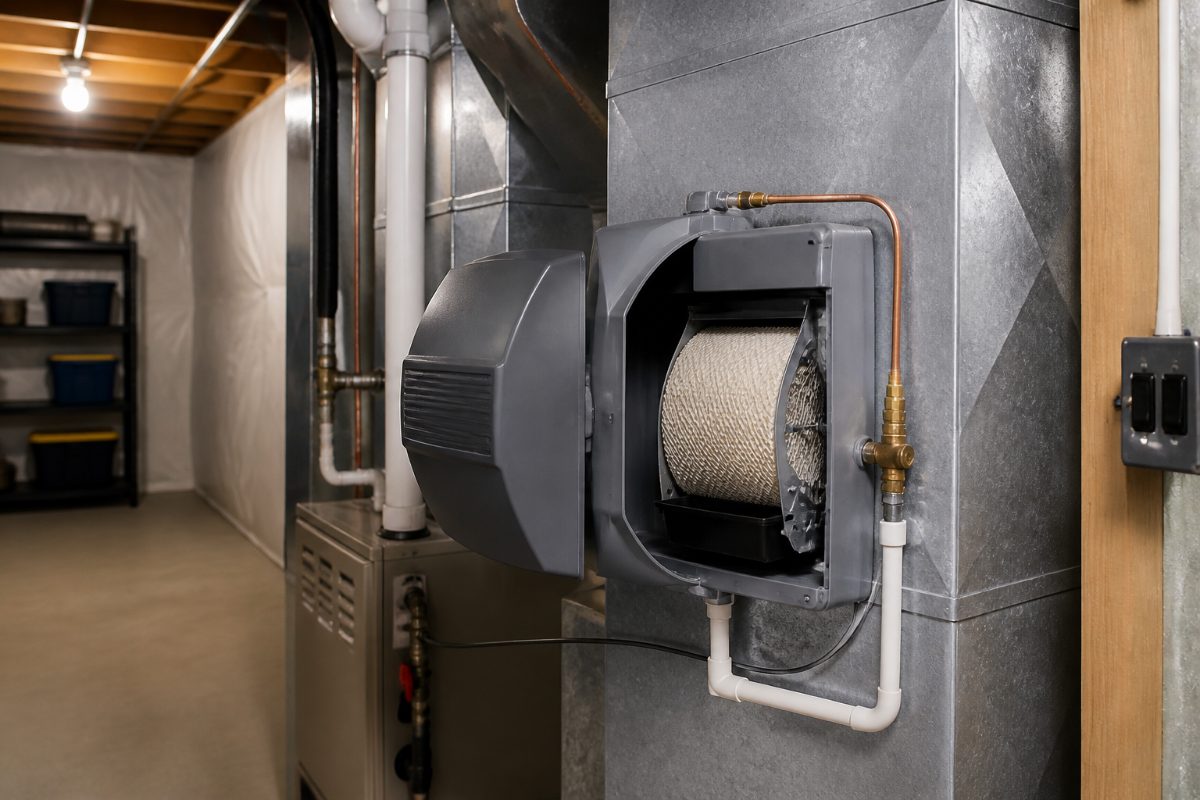 An open whole-house humidifier with its removable assembly and connected water lines visible.