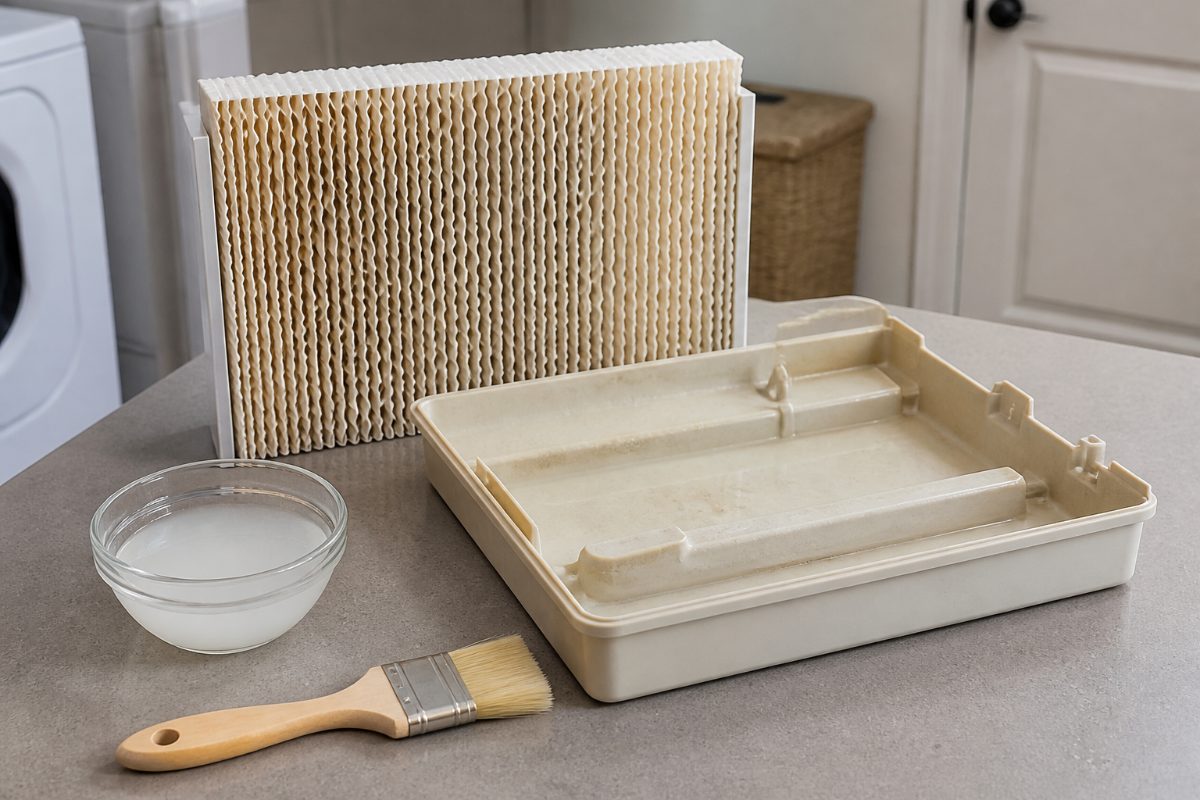 A removable humidifier water panel and distribution tray beside a soft brush for cleaning.