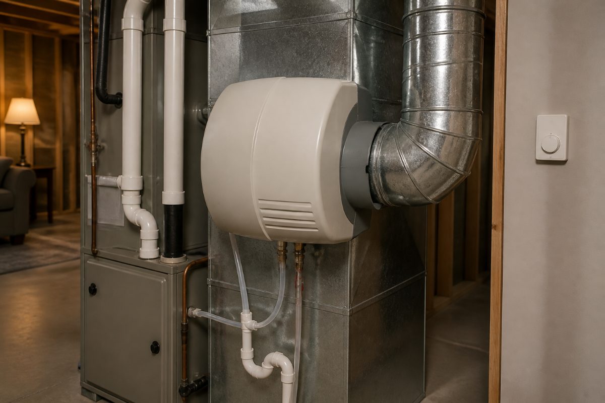 A reassembled whole-house humidifier with its water lines positioned for a system test.