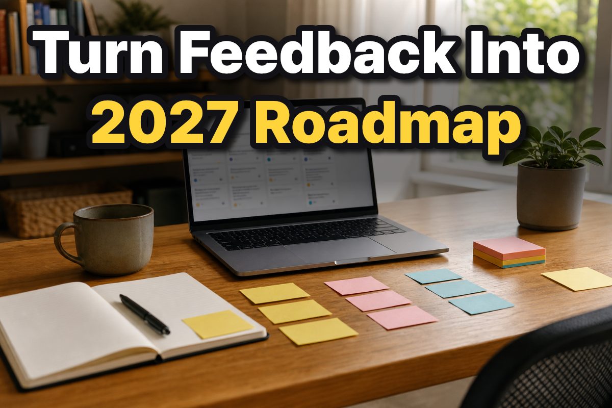 A product manager organizes customer feedback cards beside a laptop and notebook.
