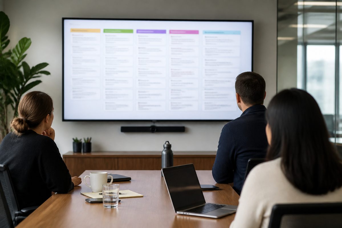 A team reviews grouped customer feedback in a meeting room.