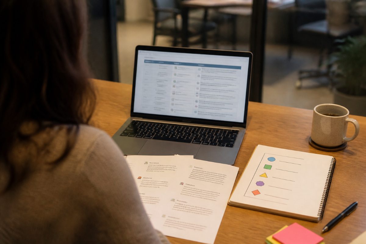 A product team compares customer evidence and roadmap priorities at a desk.