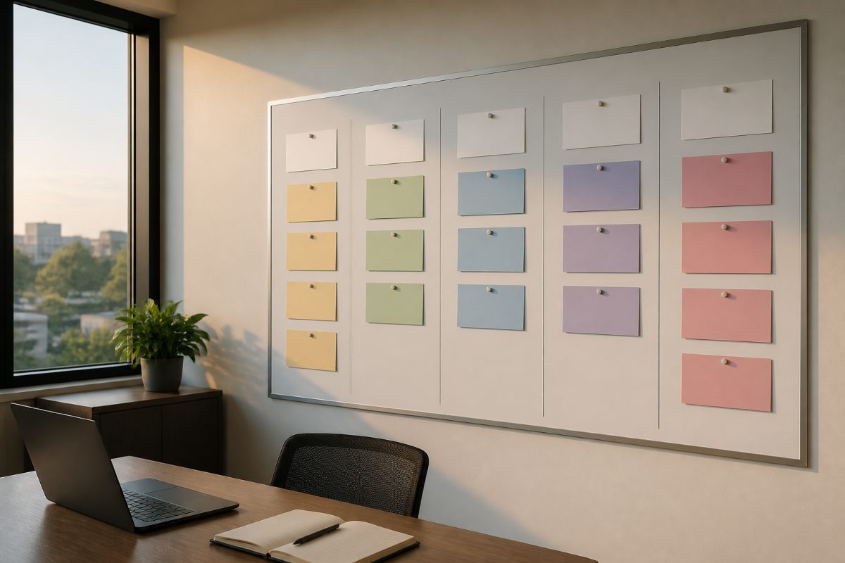 Blank roadmap cards are arranged into columns on an office planning board.