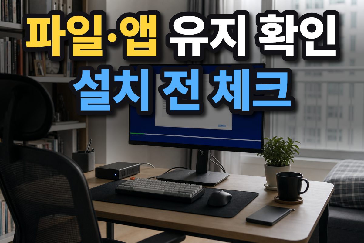 한국의 집 책상에 설치 화면이 켜진 모니터와 백업용 외장 드라이브가 놓여 있다.